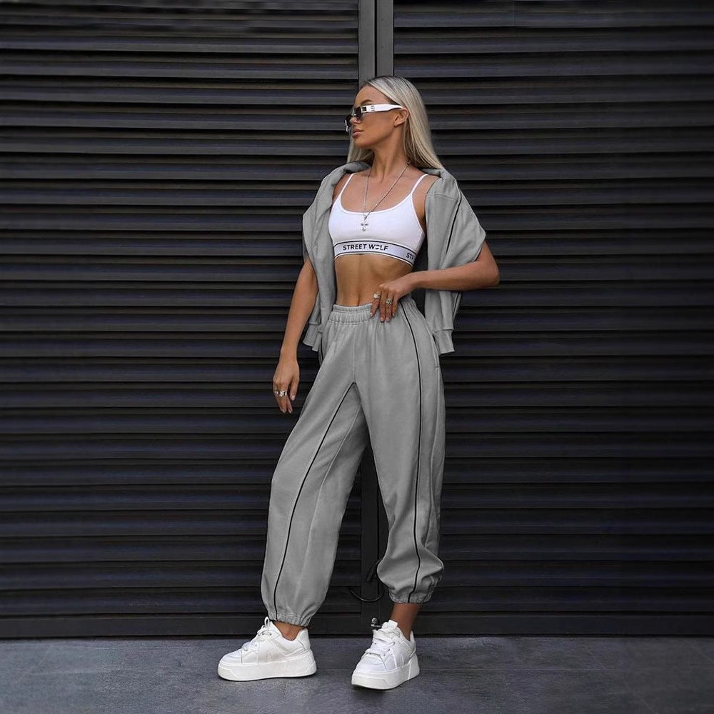 Damen cropped Sweatset mit weitem Arm, hochtaillierter Jogginghose und kontrastpaspeln Shop Nory