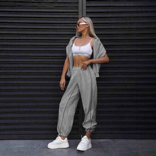 Damen cropped Sweatset mit weitem Arm, hochtaillierter Jogginghose und kontrastpaspeln Shop Nory