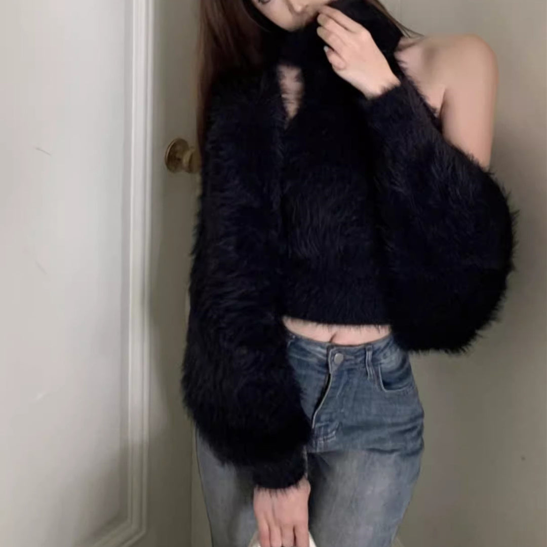 Damen Flauschiger Cropped Pullover mit Stehkragen und Oversize-Ärmeln Shop Nory