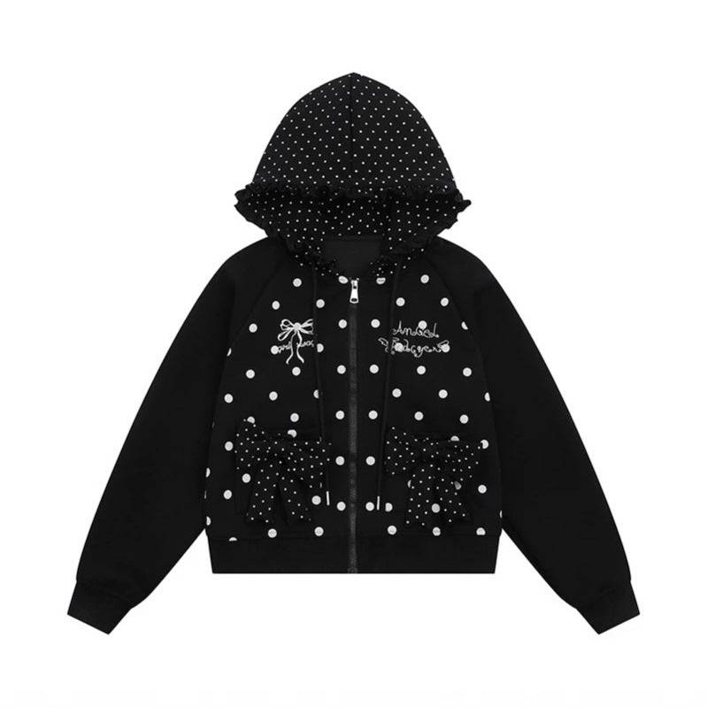 Damen Kapuzen‑Sweatjacke mit Rüschenkapuze, Polka‑Dot‑Muster und Zierschleifen Shop Nory