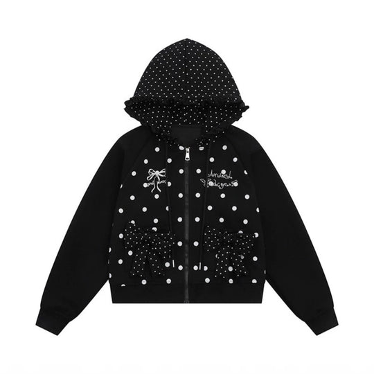 Damen Kapuzen‑Sweatjacke mit Rüschenkapuze, Polka‑Dot‑Muster und Zierschleifen Shop Nory