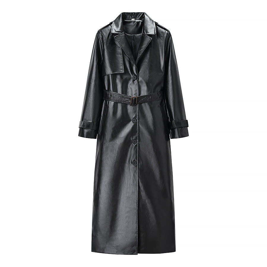 Damen Langer Trenchcoat aus Lederoptik mit Bindegürtel und Epauletten Shop Nory