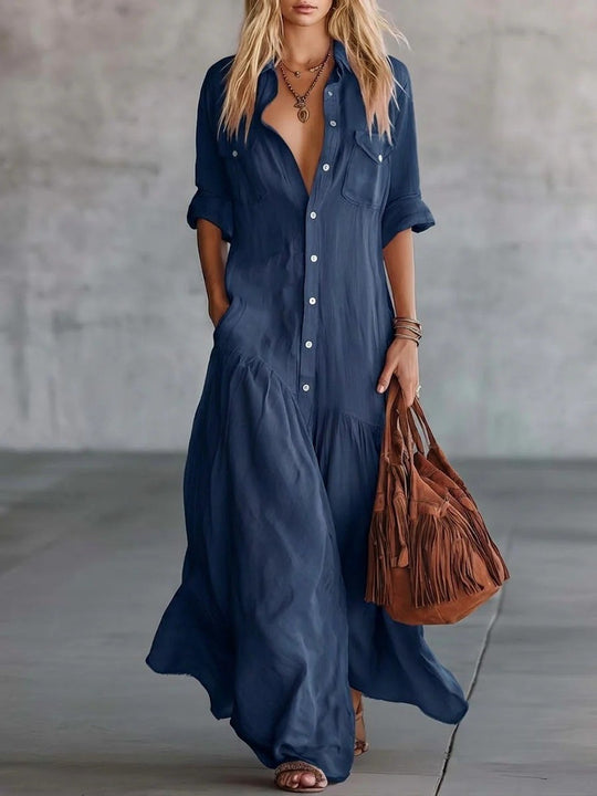 Damen Langes fließendes Hemdblusen-Maxikleid mit Knopfleiste, aufgesetzten Brusttaschen und seitlichen Eingrifftaschen Shop Nory