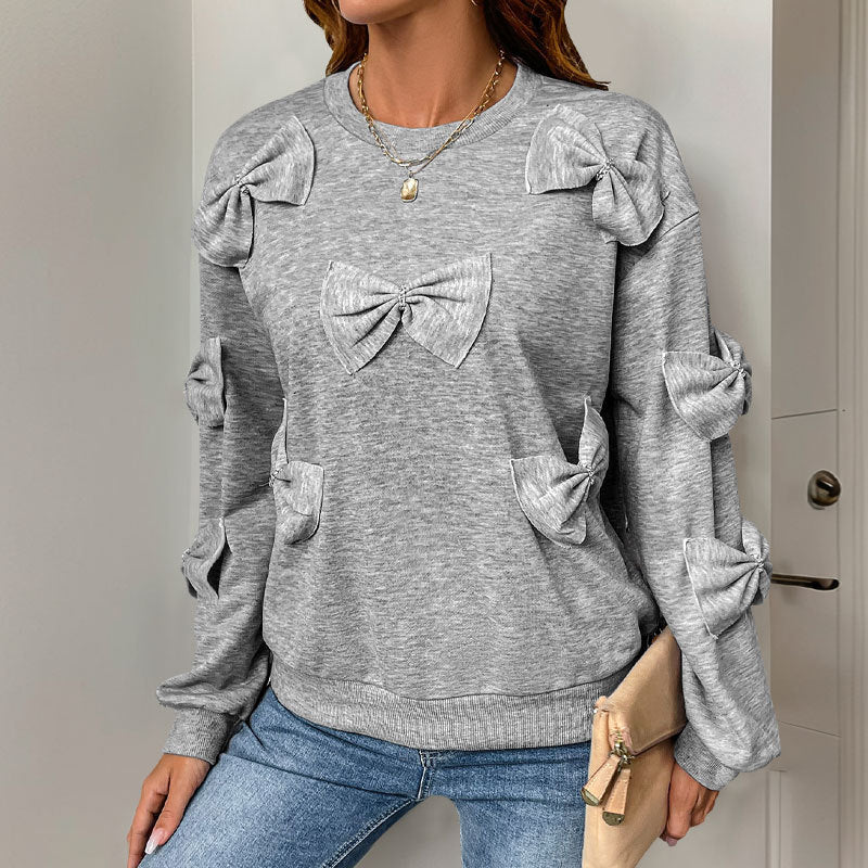 Damen Kuschel-Sweatshirt mit 3D-Schleifenapplikationen, Rundhals & Rippbündchen Shop Nory