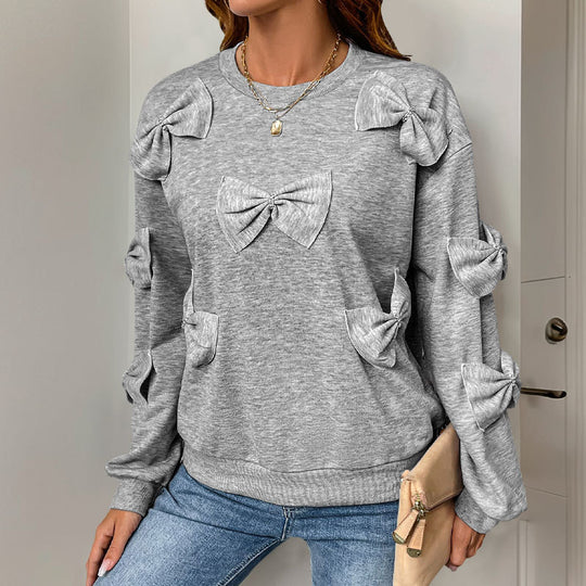 Damen Kuschel-Sweatshirt mit 3D-Schleifenapplikationen, Rundhals & Rippbündchen Shop Nory