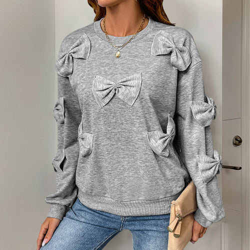Damen Kuschel-Sweatshirt mit 3D-Schleifenapplikationen, Rundhals & Rippbündchen Shop Nory