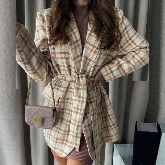 Damen Oversize karierter Mantelblazer mit Taillengürtel und aufgesetzten Taschen Shop Nory