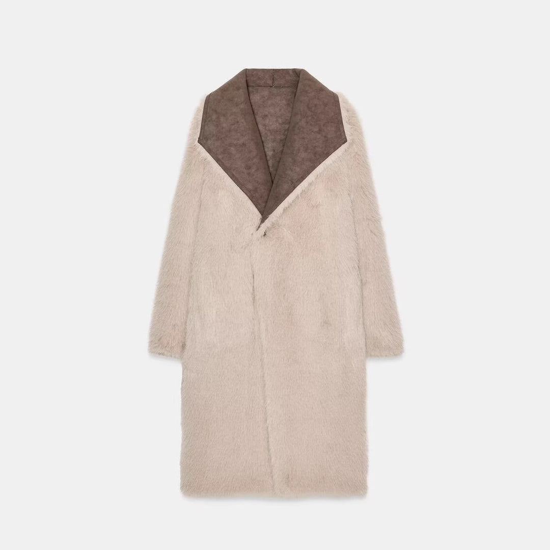 Damen Langer Kunstfell-Shearlingmantel mit übergroßem Schalkragen und aufgesetzten Taschen Shop Nory