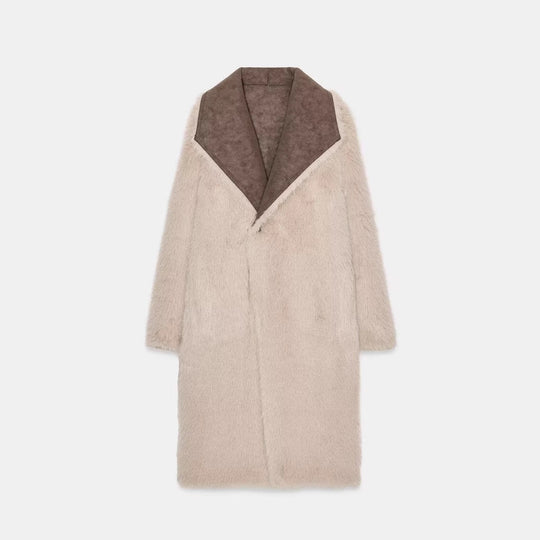 Damen Langer Kunstfell-Shearlingmantel mit übergroßem Schalkragen und aufgesetzten Taschen Shop Nory