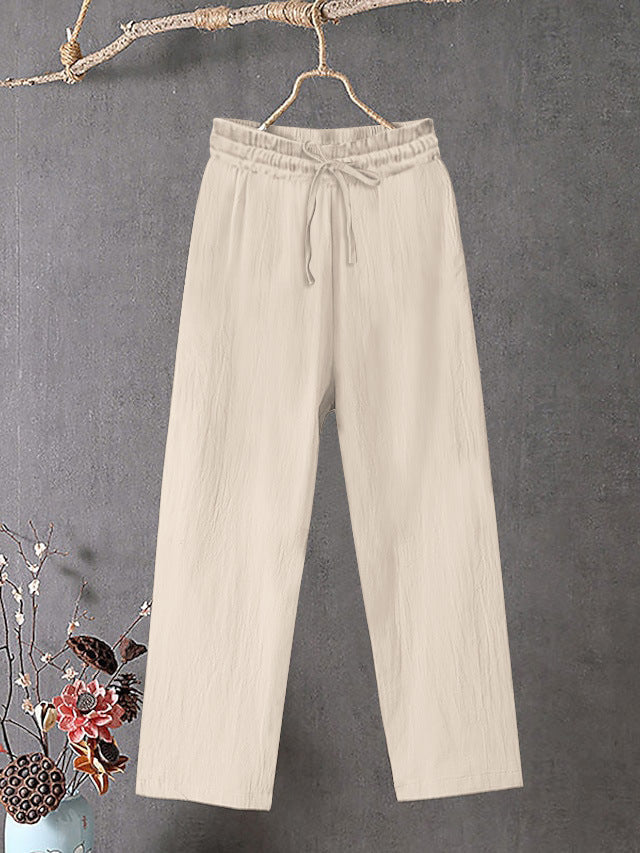 Damen Crinkle Leinenmischung Hose mit elastischem Kordelzug, gerade Beinform und lässiger Passform Shop Nory