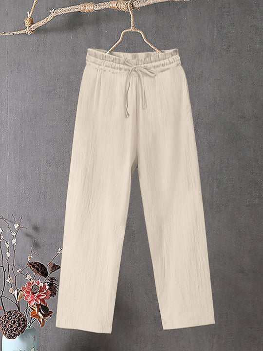 Damen Crinkle Leinenmischung Hose mit elastischem Kordelzug, gerade Beinform und lässiger Passform Shop Nory