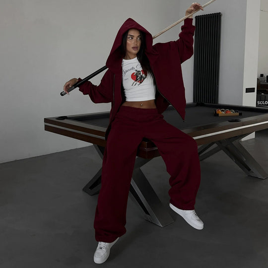 Damen lässiges Zip-Lounge-Set mit übergroßer Kapuzenjacke und taillierter Relax-Jogginghose Shop Nory