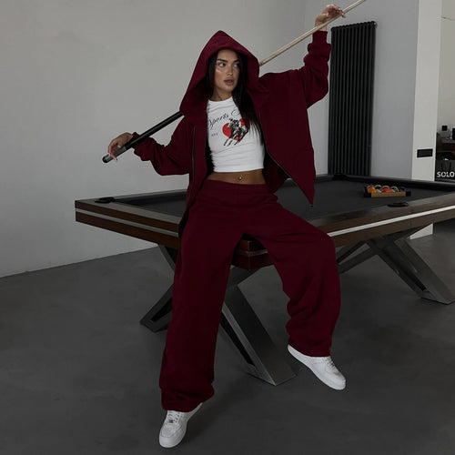 Damen lässiges Zip-Lounge-Set mit übergroßer Kapuzenjacke und taillierter Relax-Jogginghose Shop Nory