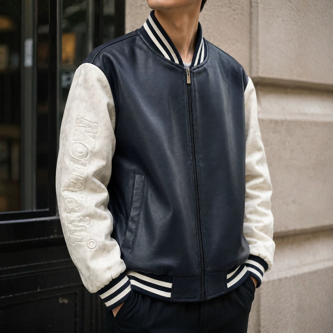 Herren Varsity‑Bomberjacke im College‑Stil mit Lederimitatkörper und kontrastierenden Wildlederärmeln Shop Nory