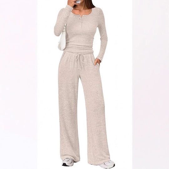 Damen Zweiteiliges Feinstrick-Lounge-Set mit Henley-Top und Palazzo-Hose Shop Nory