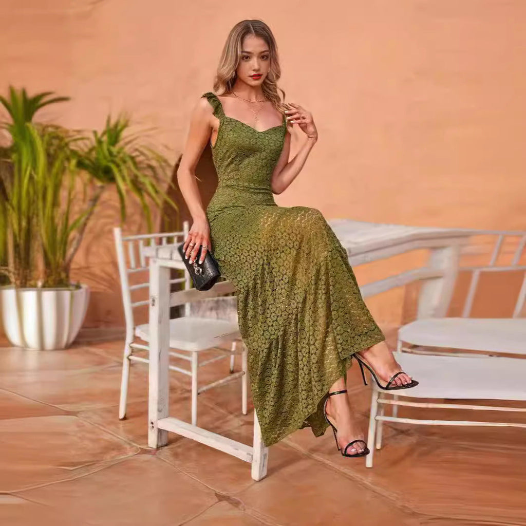 Damen Maxikleid mit exquisite Häkelstruktur und fließendem Rock