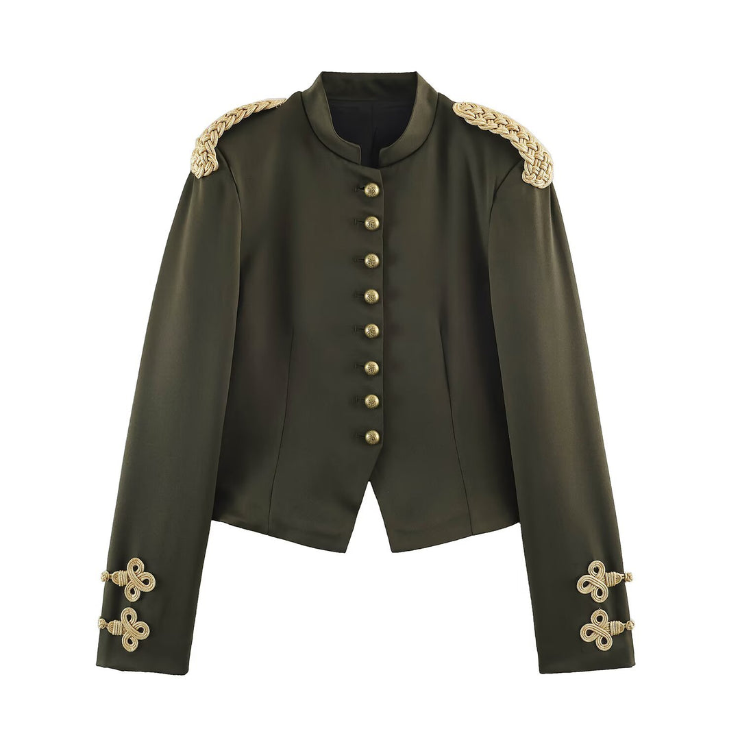 Damen Kurzer Militärblazer mit geflochtenen Epauletten und Zierknoten-Ärmeln Shop Nory