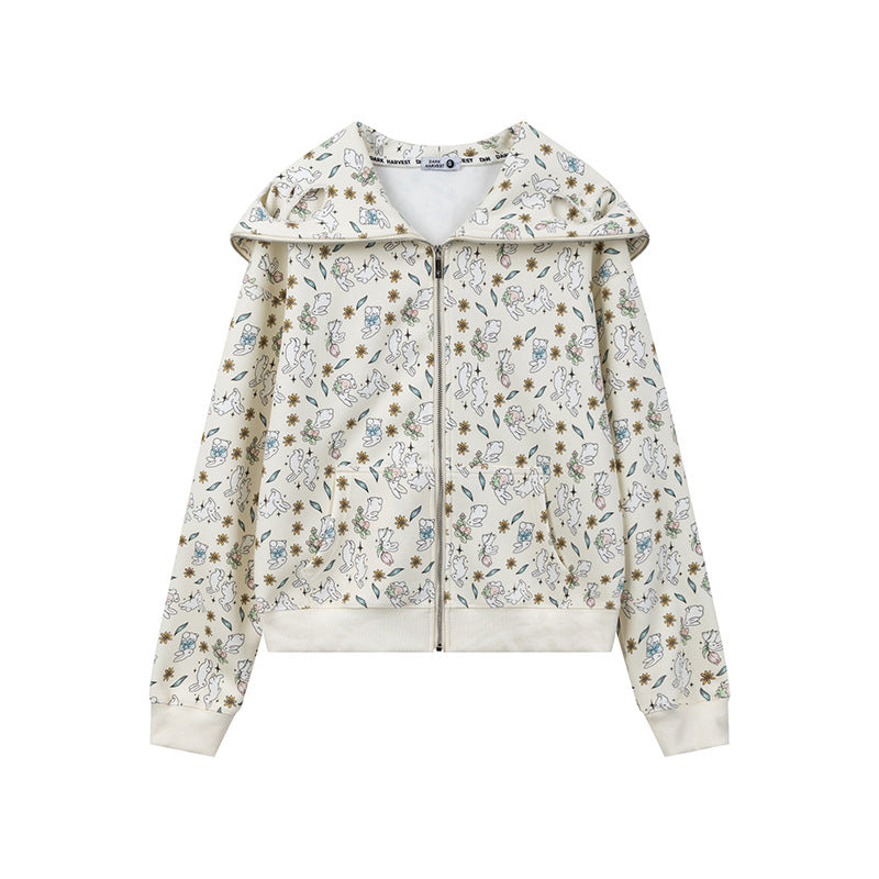 Damen Kapuzen-Sweatjacke mit Reißverschluss und niedlichem Allover-Print Shop Nory