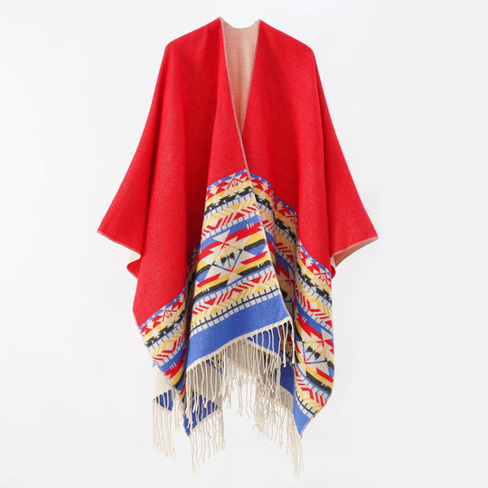 Damen V-Kragen-Überwurfponcho im Kimono-Fall mit Ethno-Bordüre und Fransensaum Shop Nory