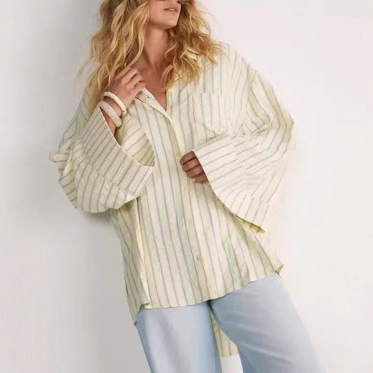 Damen Oversize-Hemdbluse mit weitem Glockenärmel und feinem Streifenmuster Shop Nory