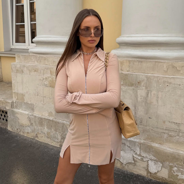 Damen Figurbetontes Hemdblusen-Minikleid mit durchgehendem Zierreißverschluss, taillierten Nähten und seitlichen Beinschlitzen Shop Nory