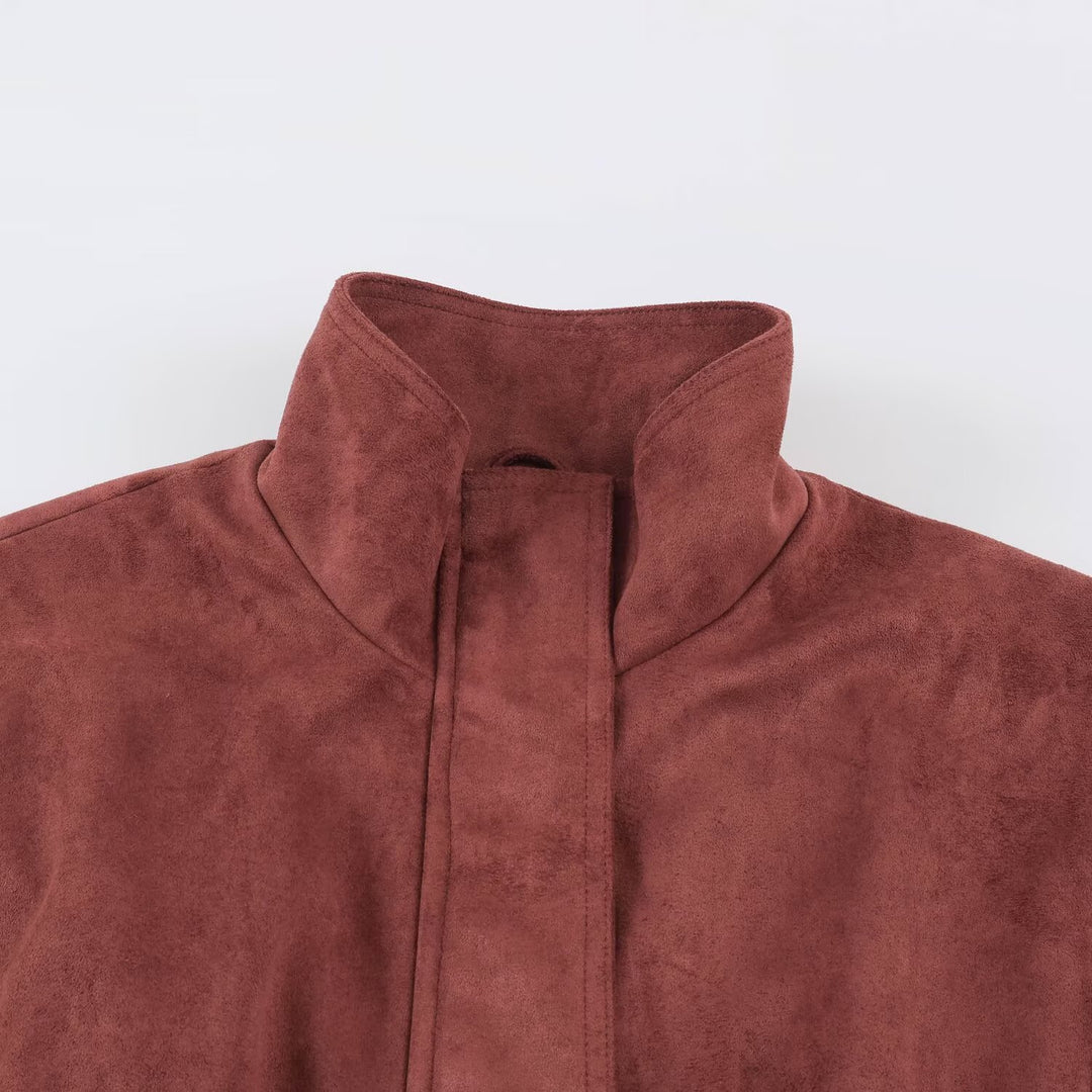 Damen Kurzjacke in Velours‑Optik mit hohem Funnelkragen, verdecktem Verschluss und Taillenbindegürtel Shop Nory