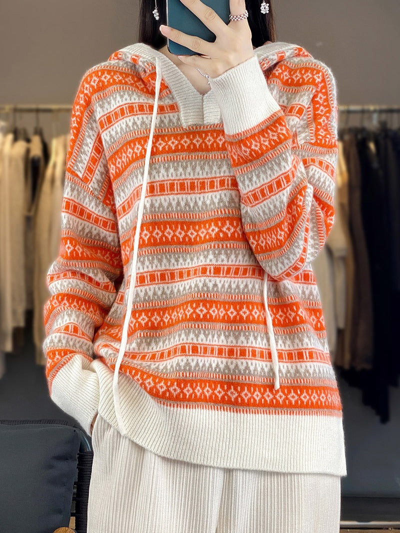 Damen Oversize Jacquard-Strickkapuzenpullover mit V‑Schlitz und gerippten Bündchen Shop Nory