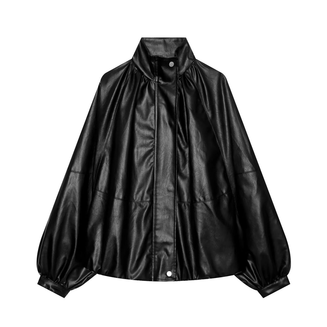 Damen Oversized Kunstleder-Cape mit Stehkragen und Ballonärmeln Shop Nory