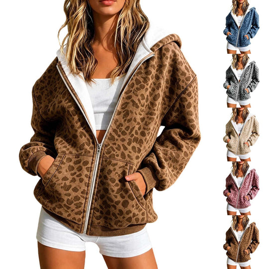 Damen Leicht gefütterte Kapuzen-Zipperjacke im Animalprint mit Kängurutaschen Shop Nory