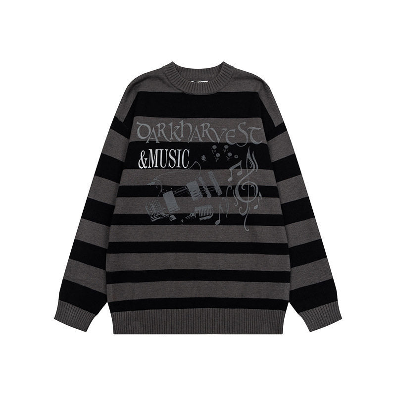 Damen Gestreifter Oversize-Strickpullover mit Rundhals und Musik-Grafik Shop Nory