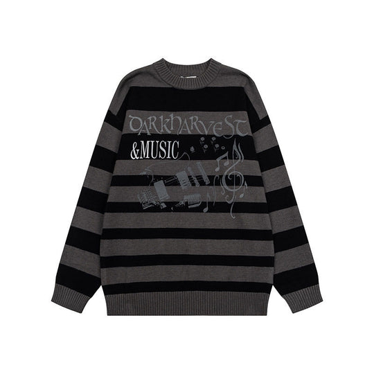 Damen Gestreifter Oversize-Strickpullover mit Rundhals und Musik-Grafik Shop Nory