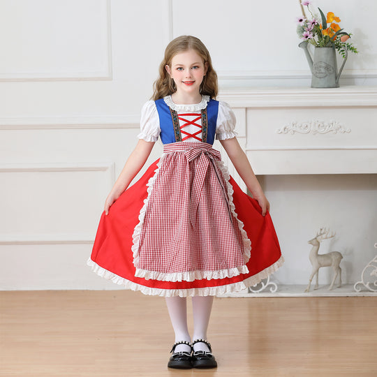 Damen nan traditionelles Kinder-Dirndl Kleid mit geraffter Schürze und Spitzenbesatz Shop Nory