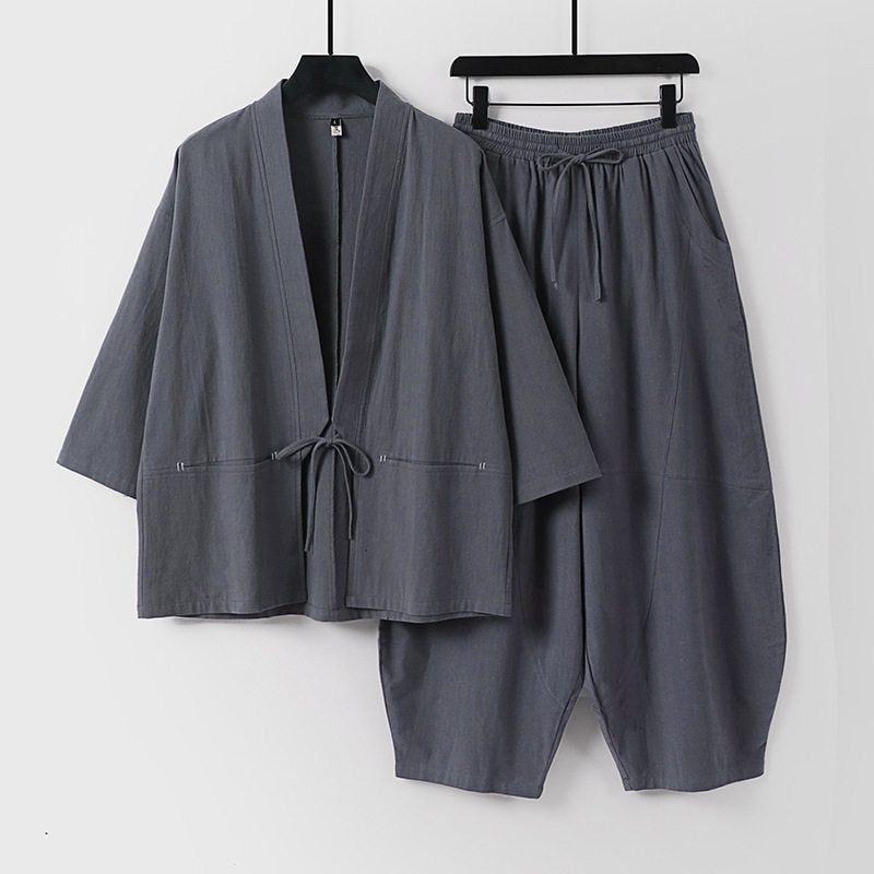 Unisex Modernes Kimono-Lounge-Set aus weichem Baumwollmix mit Kurzjacke, Tunnelzug-Hose und gerafften Knöcheln Shop Nory