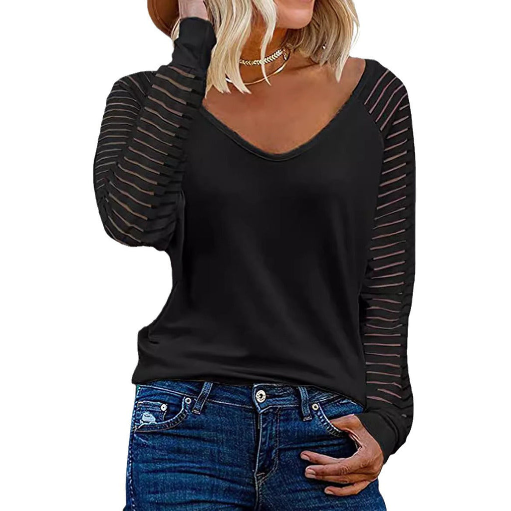 Damen Langärmliges V-Ausschnitt Shirt mit gestreiften Ärmeln