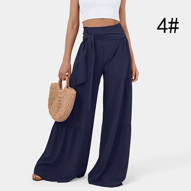 Damen weite Palazzo-Hose mit hoher Taille, bindbarem Taillenband und Stufensaum Shop Nory