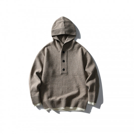 Unisex Strick‑Kapuzenpullover mit halber Knopfleiste, geripptem Saum und zweilagigem Abschluss Shop Nory