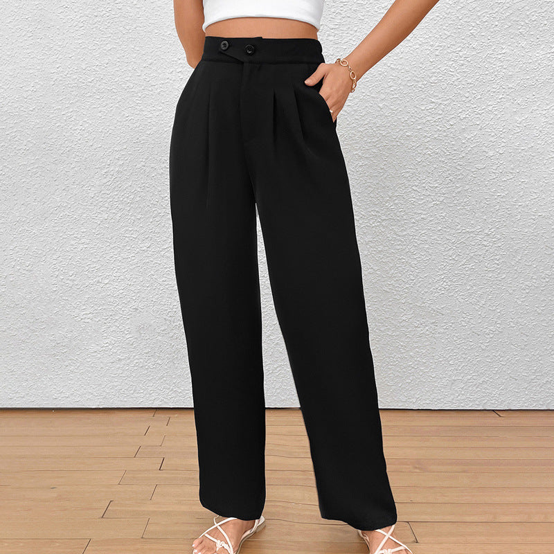 Damen Weite Bundfalten-Hose mit hoher Taille und Knopfdetail Shop Nory