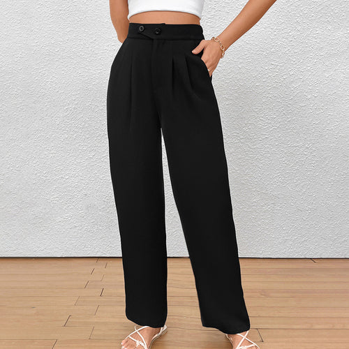 Damen Weite Bundfalten-Hose mit hoher Taille und Knopfdetail Shop Nory