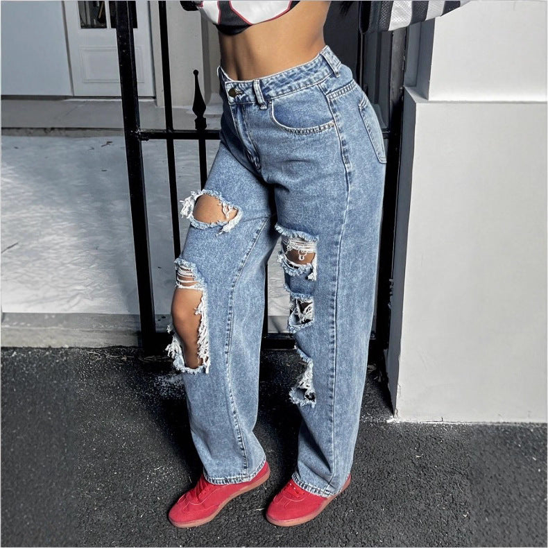 Damen Hochtaillierte Destroyed Baggy-Jeans mit weitem Bein und Knie‑Rips Shop Nory