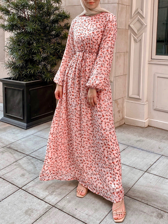 Damen Geblümtes Maxikleid mit Kordel-Taille und Ballonärmeln Shop Nory