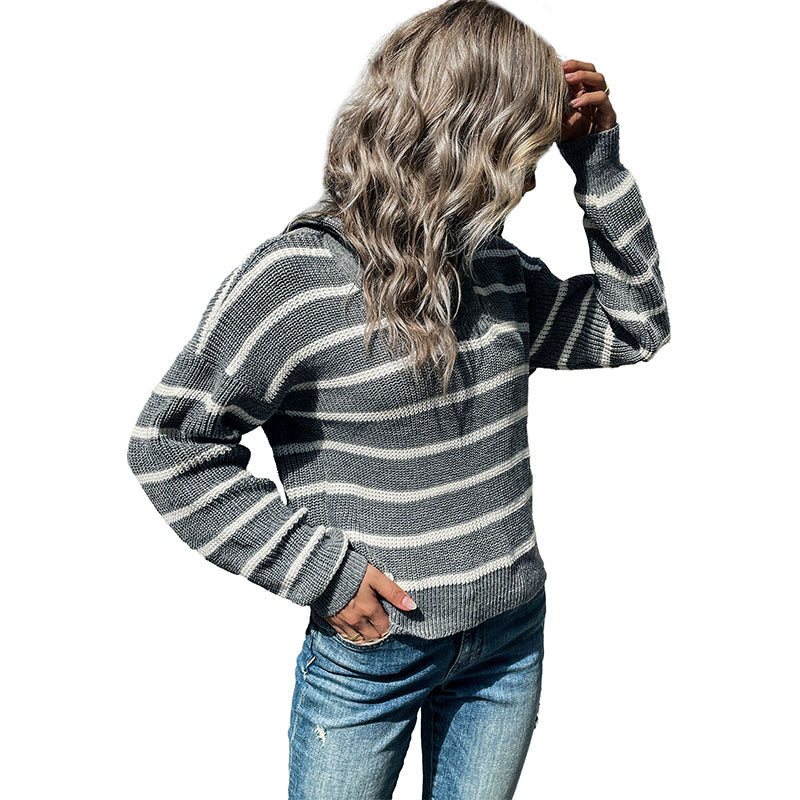 Damen Maritimer Streifenpullover aus Grobstrick mit kurzem Saum und Stehkragen Shop Nory