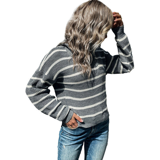 Damen Maritimer Streifenpullover aus Grobstrick mit kurzem Saum und Stehkragen Shop Nory