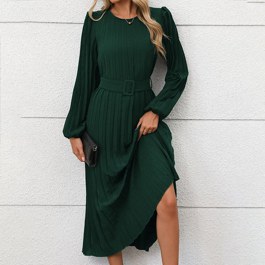 Damen Plissiertes Midikleid mit Taillengürtel, Puffärmeln und Rundhalsausschnitt Shop Nory