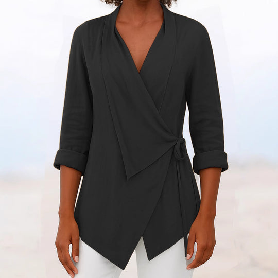Damen Asymmetrische Wickelbluse mit Schalkragen und 3/4-Ärmeln Shop Nory