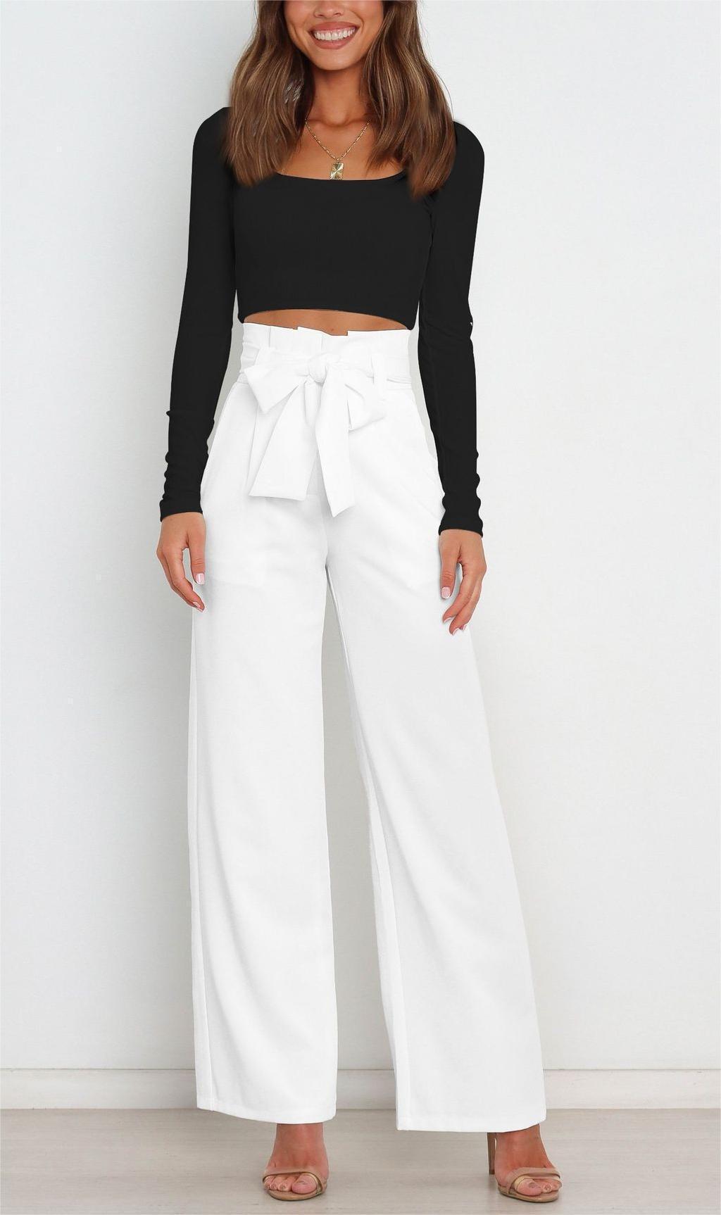 Damen Weit geschnittene High-Waist-Hose mit Binde-Gürtel und Taschen