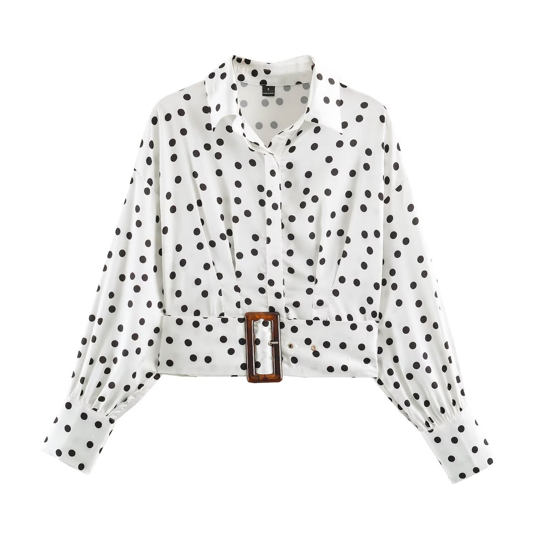 Damen Gepunktete Cropped-Hemdbluse mit breitem Taillengürtel und Ballonärmeln Shop Nory