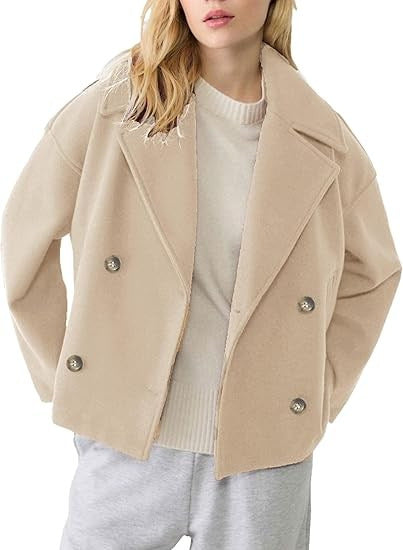 Damen nan kurz geschnittener Zweireiher Wollmix-Peacoat mit überbreitem Revers und kastiger Silhouette Shop Nory