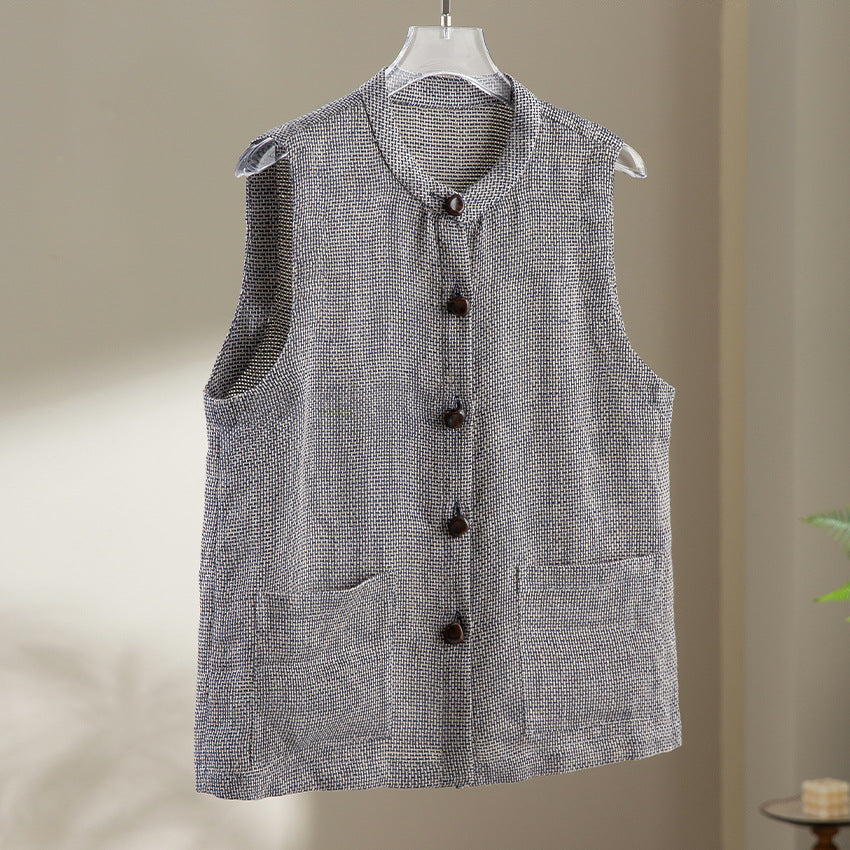 Damen Ärmellose Strickweste mit Stehkragen, Knopfleiste und aufgesetzten Taschen Shop Nory
