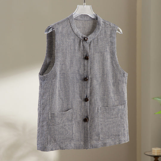 Damen Ärmellose Strickweste mit Stehkragen, Knopfleiste und aufgesetzten Taschen Shop Nory