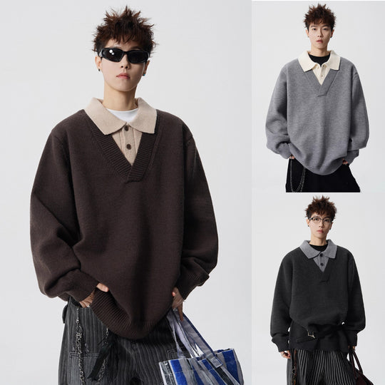 Damen Modischer Grobstrickpullover mit V-Ausschnitt und Kragen Shop Nory